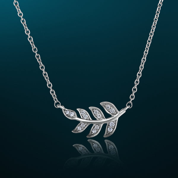 1/10 Cttw Diamond Feather Necklace in Rhodium Plated Sterling Silver