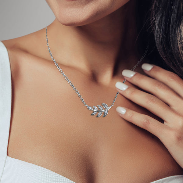 1/10 Cttw Diamond Feather Necklace in Rhodium Plated Sterling Silver