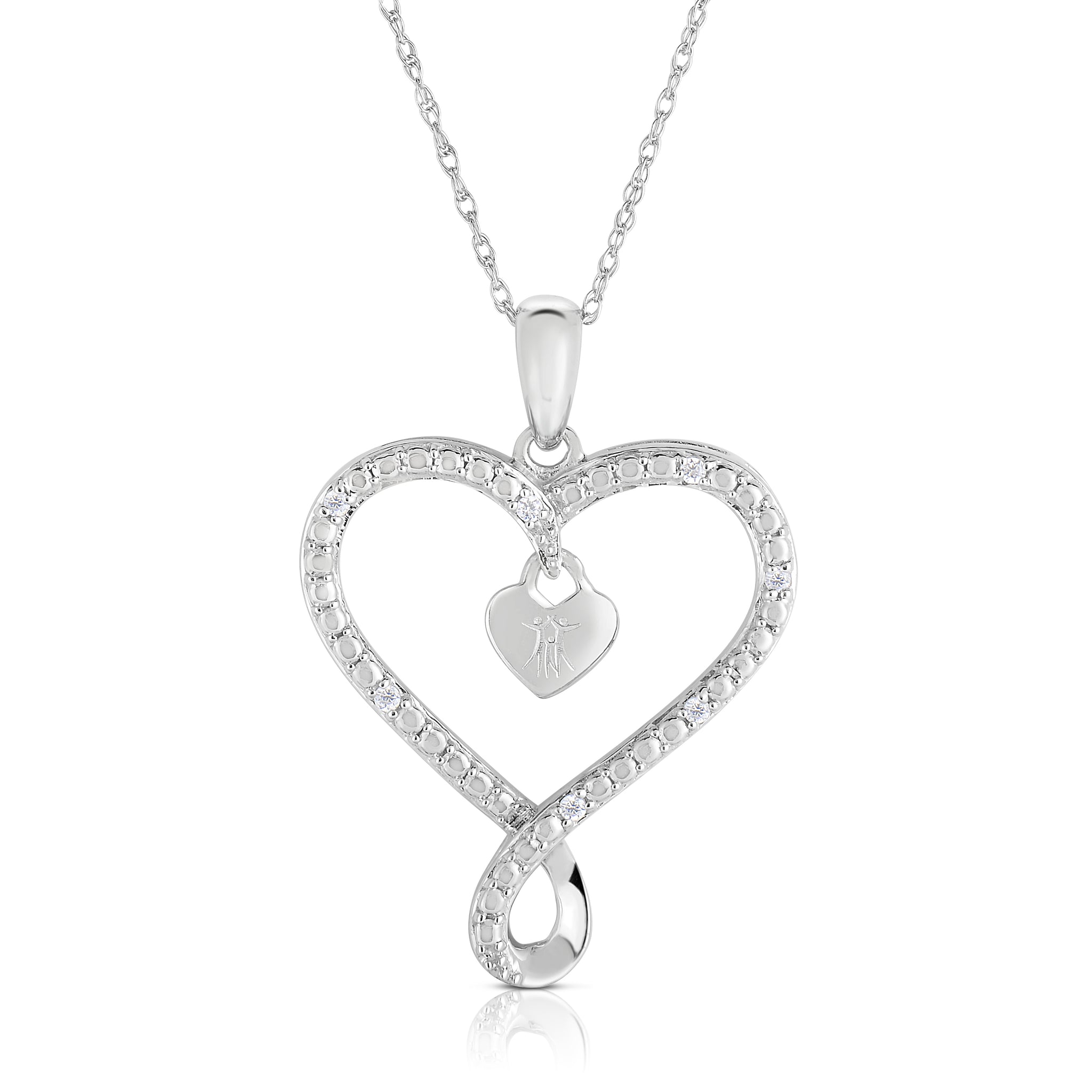 1/10 Cttw Diamond Heart with Dangle Necklace in Rhodium Plated Sterling Silver