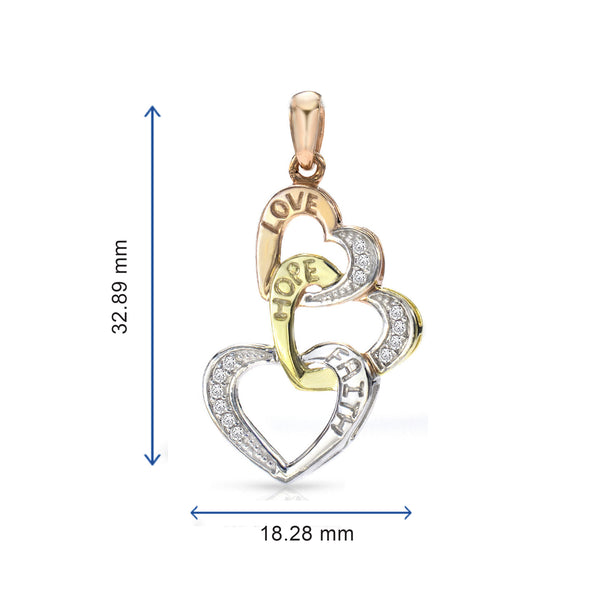 1/10 Cttw Diamond Faith Hope Love Tricolor Plated Silver Triple Heart Necklace