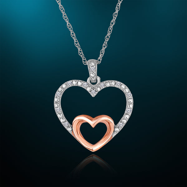 1/10 Cttw Two Tone Diamond Heart Necklace in Rhodium Plated Sterling Silver