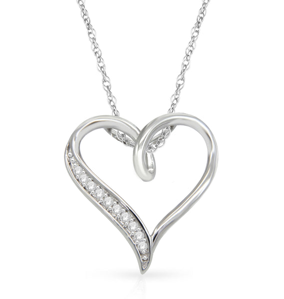 1/10 Cttw Diamond Heart Necklace for Women in Rhodium Plated Sterling Silver