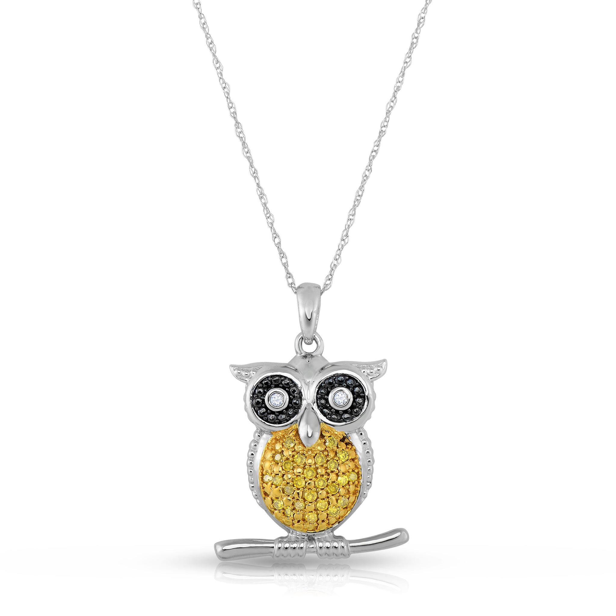 1/10 Cttw Yellow Black White Diamond Owl Women's Necklace Rhodium Plated Silver