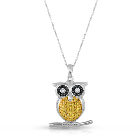 1/10 Cttw Yellow Black White Diamond Owl Women's Necklace Rhodium Plated Silver