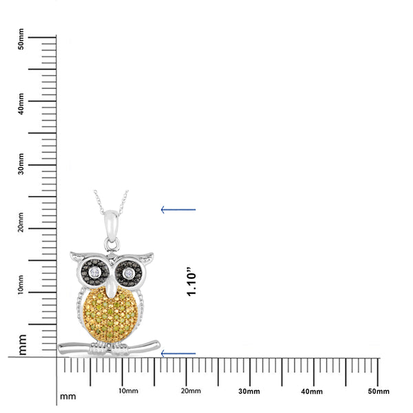 1/10 Cttw Yellow Black White Diamond Owl Women's Necklace Rhodium Plated Silver