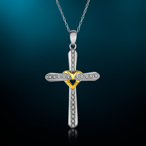 1/4 Cttw Diamond Cross Heart Necklace in Sterling Silver with Two Tone Plating