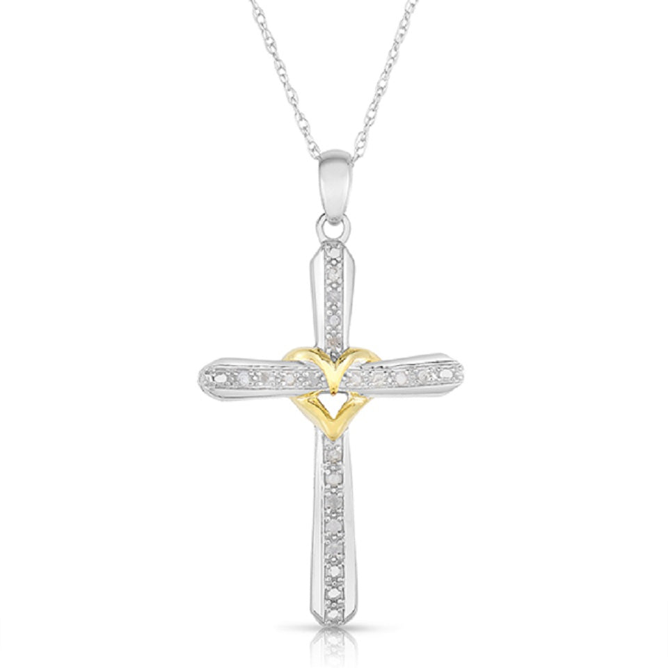 1/4 Cttw Diamond Cross Heart Necklace in Sterling Silver with Two Tone Plating