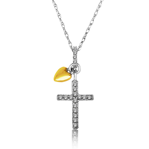 1/7 Cttw Diamond Cross Necklace with Dangle Heart Pendant in Sterling Silver