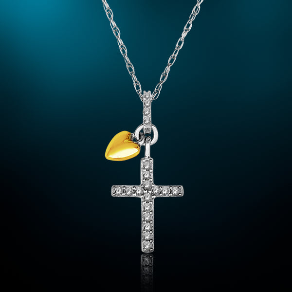 1/7 Cttw Diamond Cross Necklace with Dangle Heart Pendant in Sterling Silver