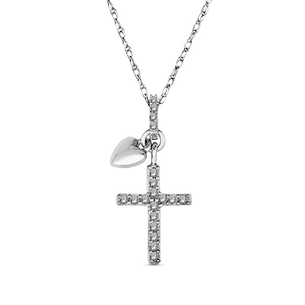 1/7 Cttw Diamond Cross Necklace with Dangle Heart Pendant in Sterling Silver