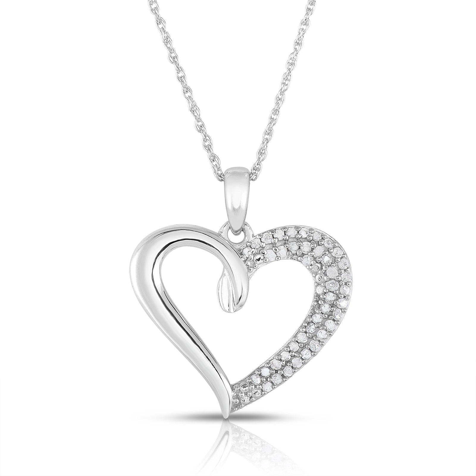 1/4 Cttw Double Row Diamond Heart Necklace Rhodium Plated Silver