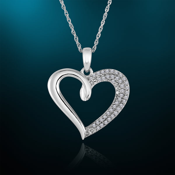 1/4 Cttw Double Row Diamond Heart Necklace Rhodium Plated Silver