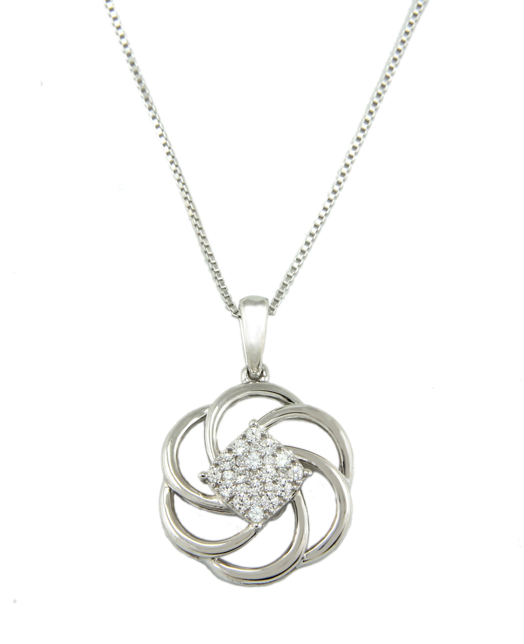 1/4 Cttw Diamond Pinwheel Necklace 18 Inch Box Chain Rhodium Plated Silver