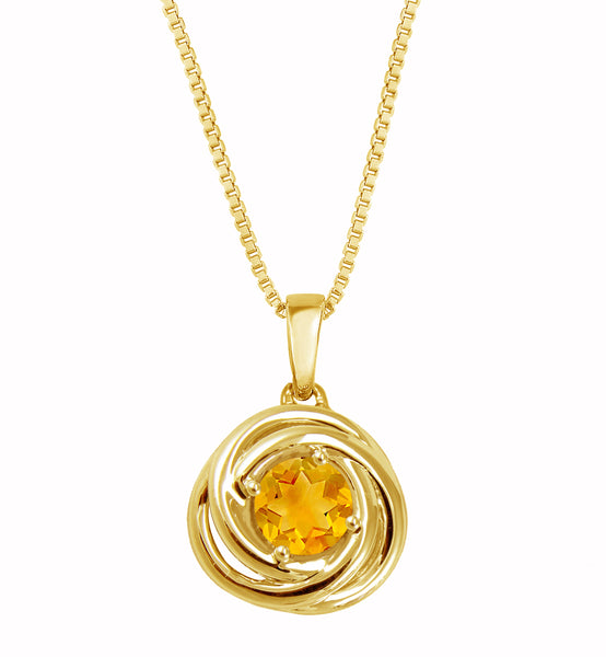 Love Knot Gemstone Necklace in Rhodium or Yellow Gold Plated Sterling Silver