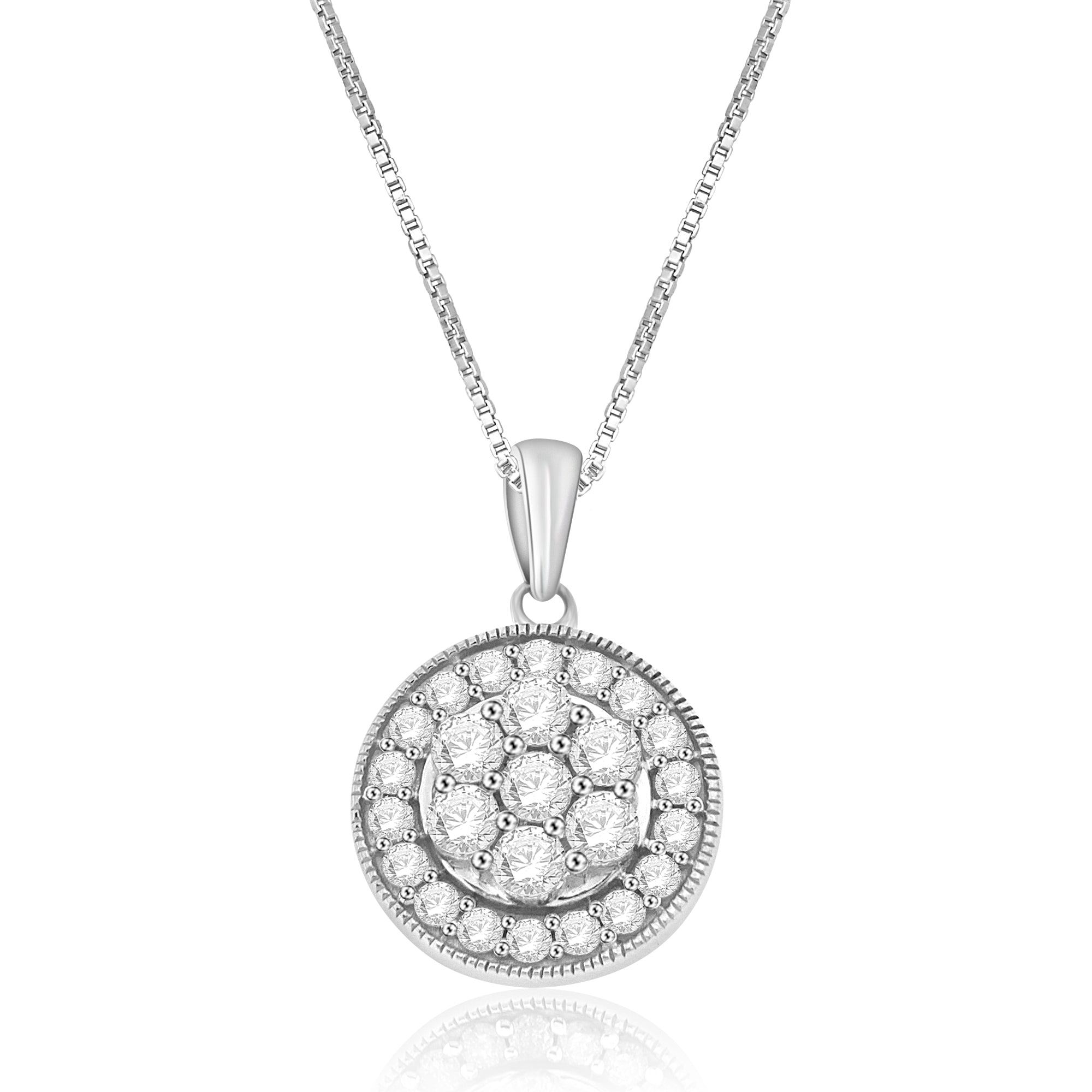 1/2 Cttw White Round Diamond Double Halo  Necklace Rhodium Plated Silver