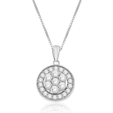 1/2 Cttw White Round Diamond Double Halo  Necklace Rhodium Plated Silver