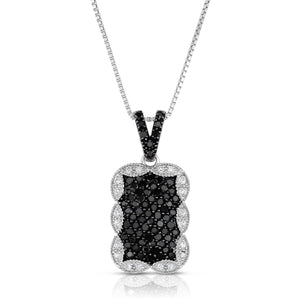 1 Cttw Black White Diamond Rectangular Pave Necklace Rhodium Plated Silver