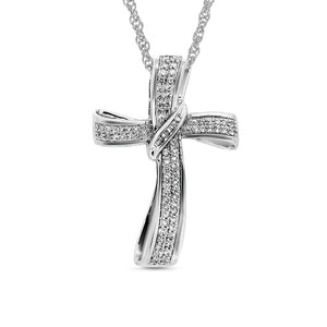 1 Cttw Diamond Curved Cross Necklace in Rhodium Plated Brass