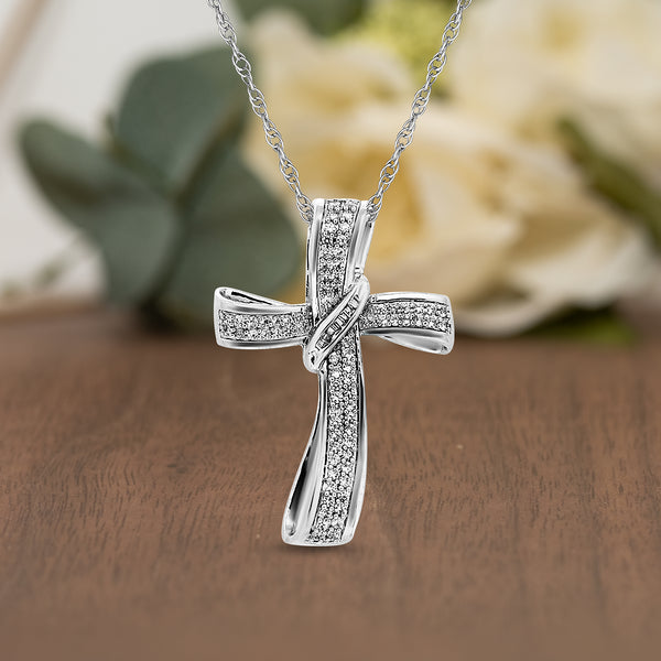 1 Cttw Diamond Curved Cross Necklace in Rhodium Plated Brass