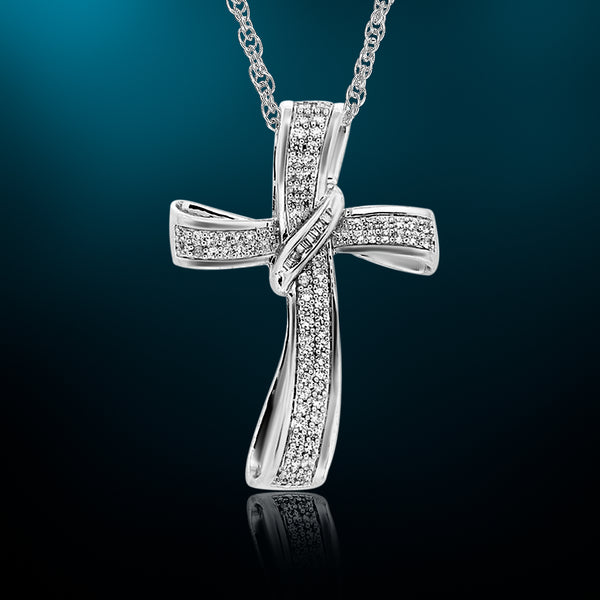 1 Cttw Diamond Curved Cross Necklace in Rhodium Plated Brass