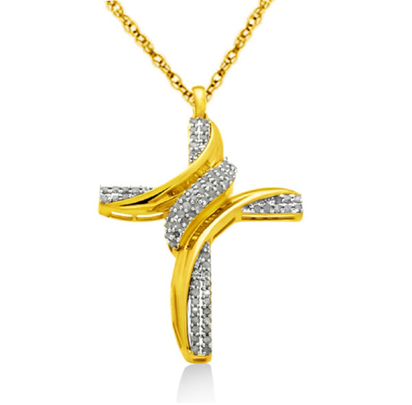 1 Cttw Diamond Cross Necklace in Yellow Gold Plated Brass