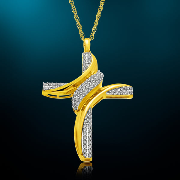 1 Cttw Diamond Cross Necklace in Yellow Gold Plated Brass