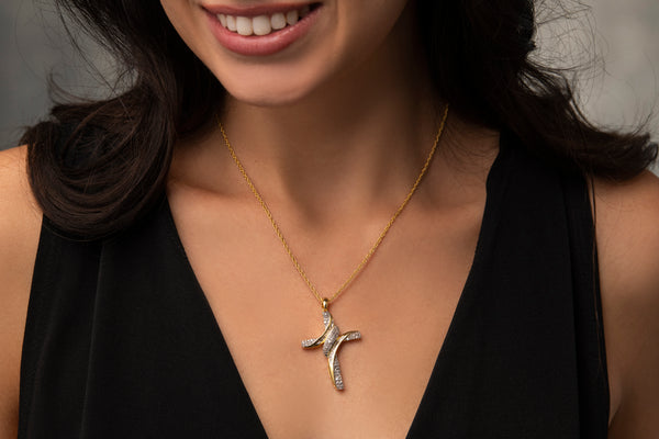 1 Cttw Diamond Cross Necklace in Yellow Gold Plated Brass