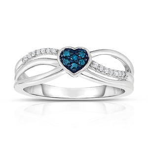 1/10 Cttw Blue and White Diamond Heart Promise Ring Rhodium Plated Silver