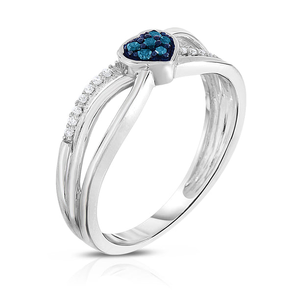 1/10 Cttw Blue and White Diamond Heart Promise Ring Rhodium Plated Silver