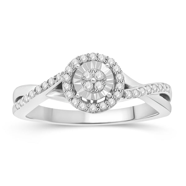 1/4 Cttw Diamond Channel Twist Round Halo Promise Ring Rhodium Plated Silver