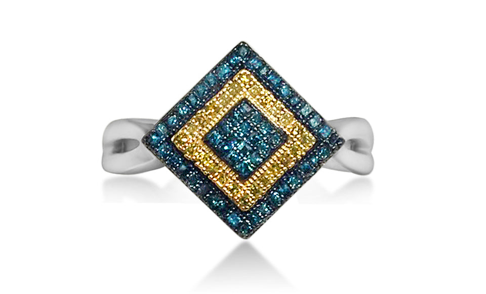 1/3 Cttw Blue and Yellow Diamond Square Ring Rhodium Plated Silver