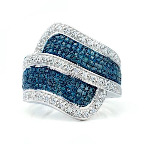 1 Cttw Blue and White Diamond Wide Bypass Ring in Rhodium Plated Silver Size 7